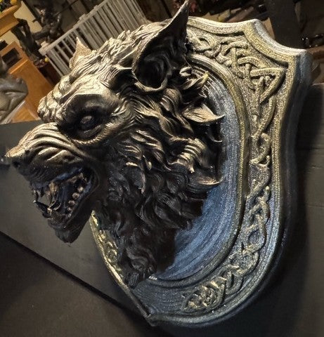 Angled view of Dogman bust wall plaque