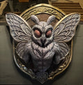 Front view of Mothman wall plaque with red-toned eyes and patterned wings