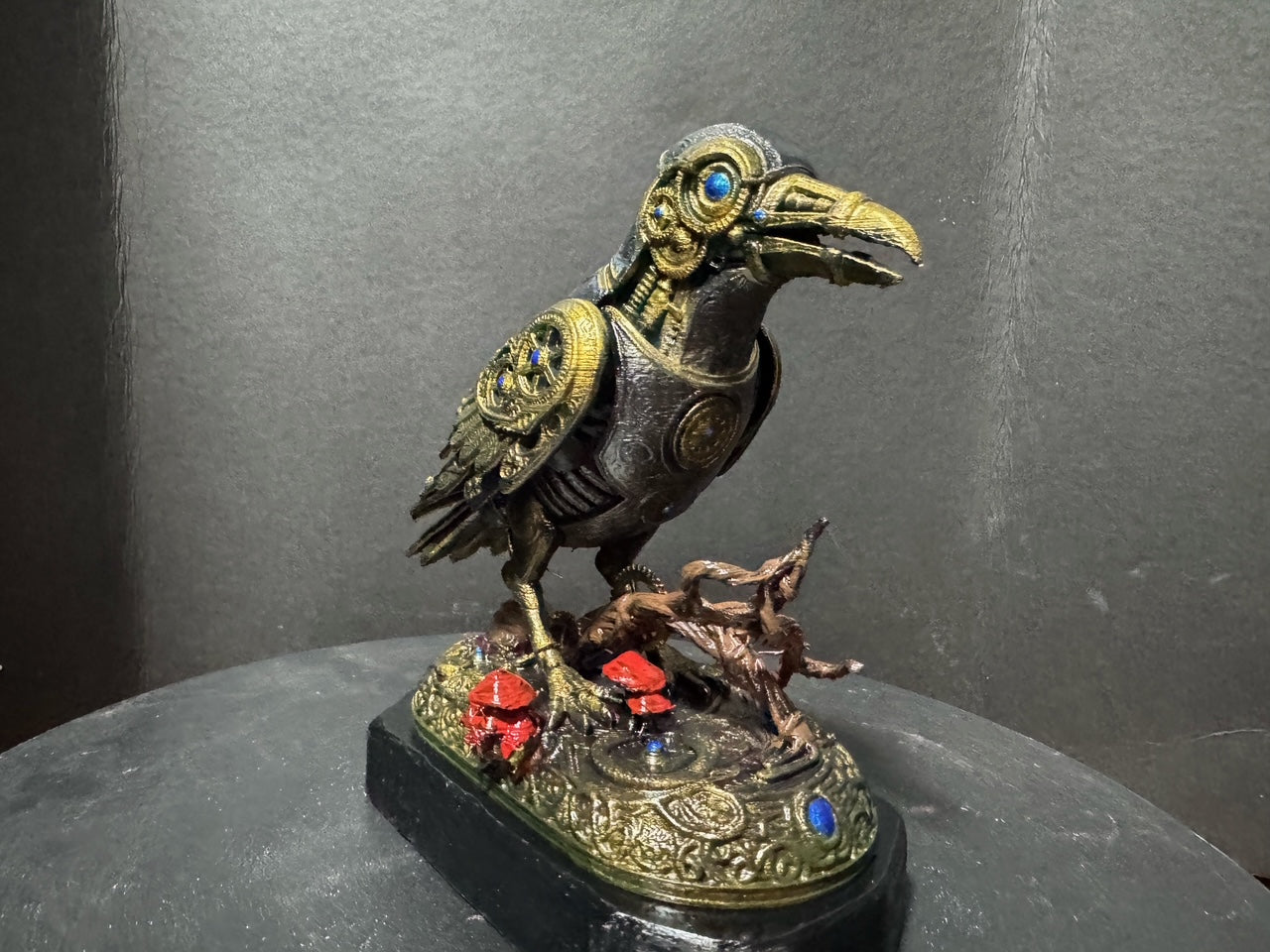 Forest Guardian Crow - dark colorway showing full profile and red mushroom base