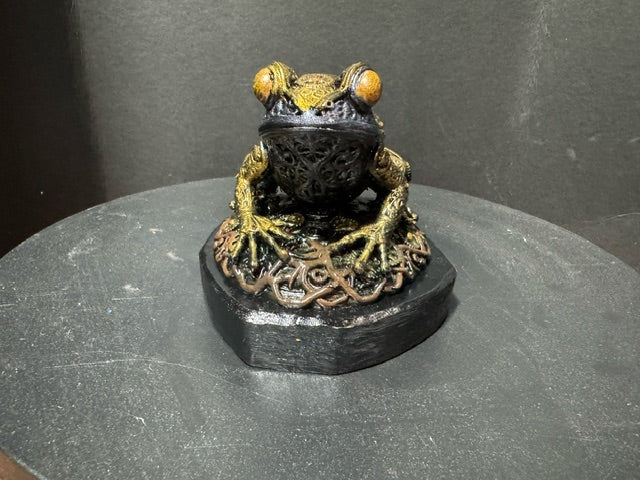 Forest Guardian Frog - rear three-quarter view showing Celtic knotwork back panel