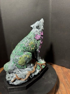 Ornate howling wolf statue front view