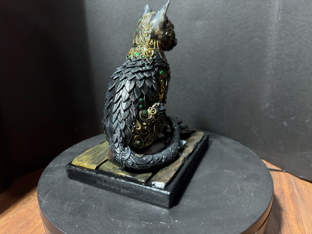 Forest Guardian Cat - rear view showing scale armor texture and stone tile base