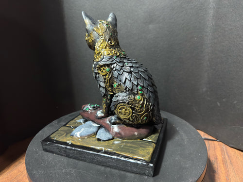 Forest Guardian Cat - three-quarter side view showing scale armor body and clockwork gear detail