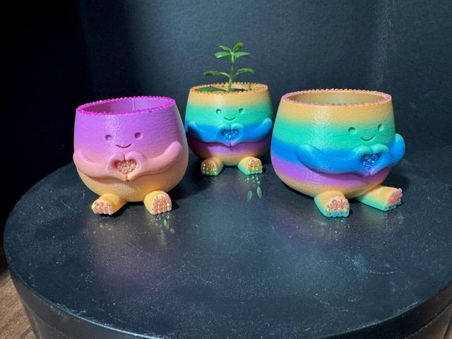 Three Rainbow Buddy Planters in different colorways showing Coffee and Heart styles